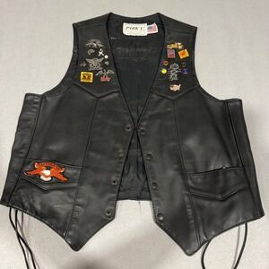 Park V Leather Biker Vest Mens 44 Black Vintage Harley Davidson Patches Pins USA